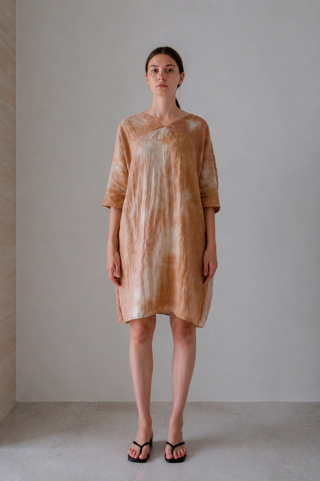 Foro dress in an earth tone, full-length front view