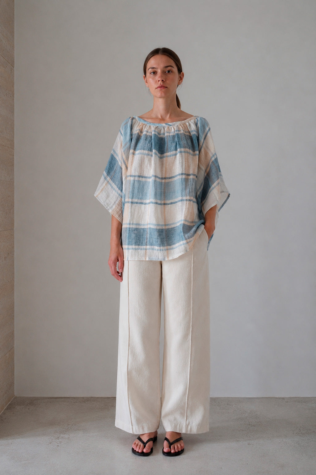 Valenza blouse in blue check, full-length front view