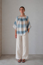 Valenza blouse in blue check, full-length front view