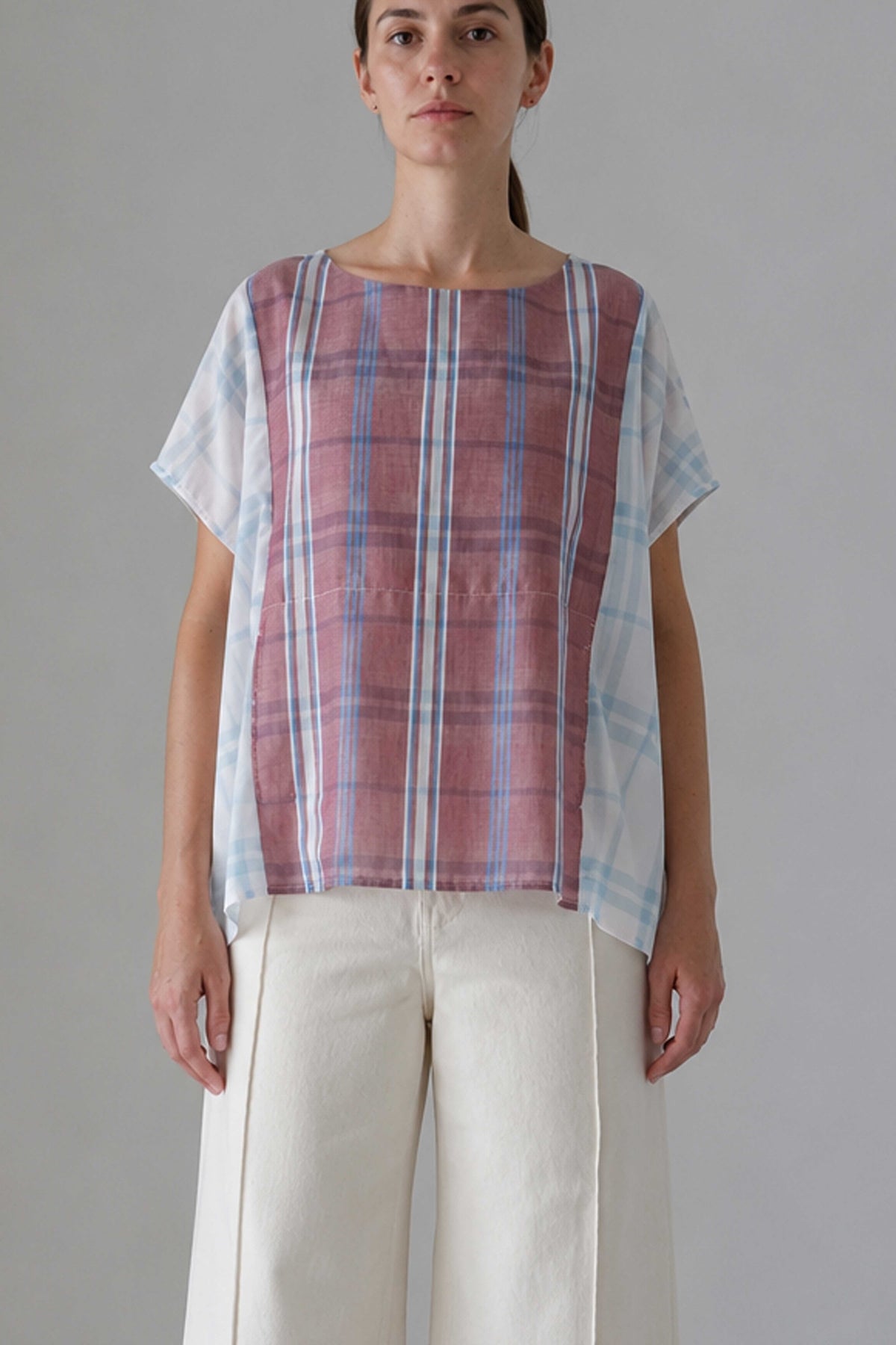 Abelar blouse in checked fabric without the scarf, front view