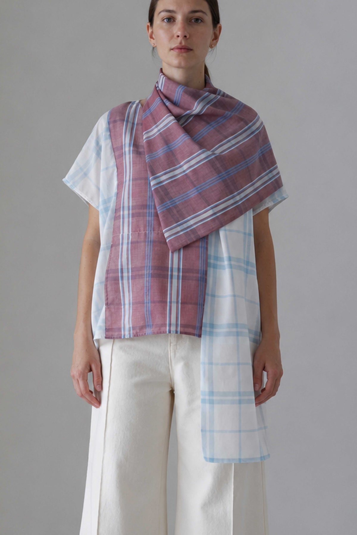 Abelar blouse in checked fabric with matching scarf, front view
