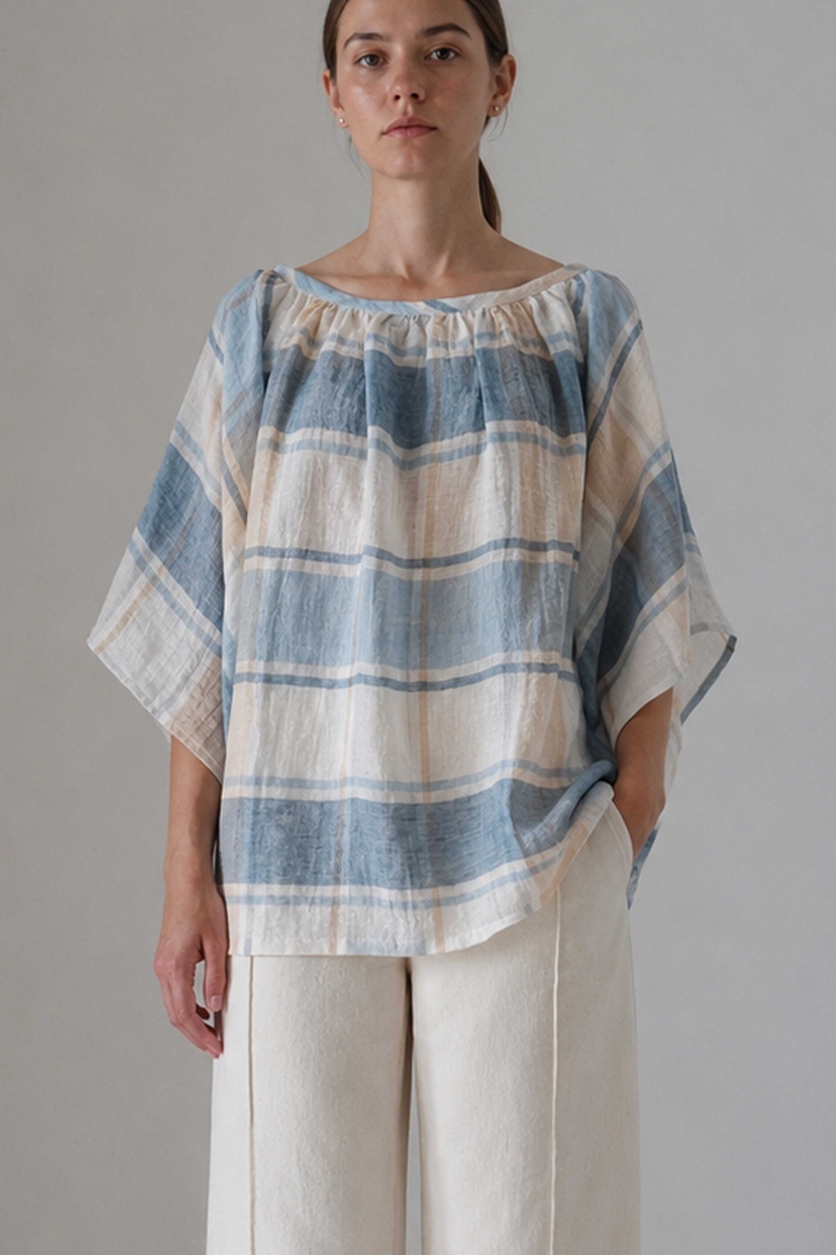 Valenza blouse in blue check, front view