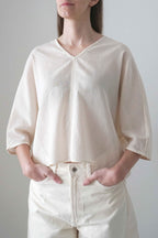 Marei blouse in beige fine stripes, front view