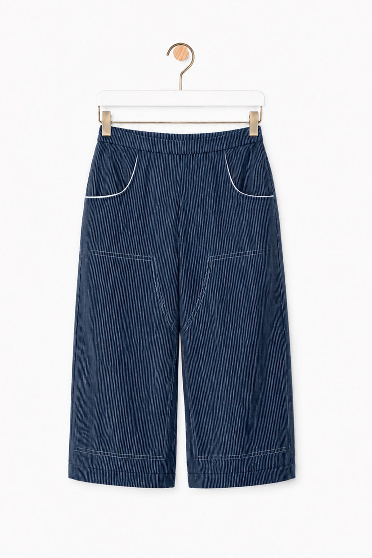 Lois trousers in navy stripes, hanging, front view