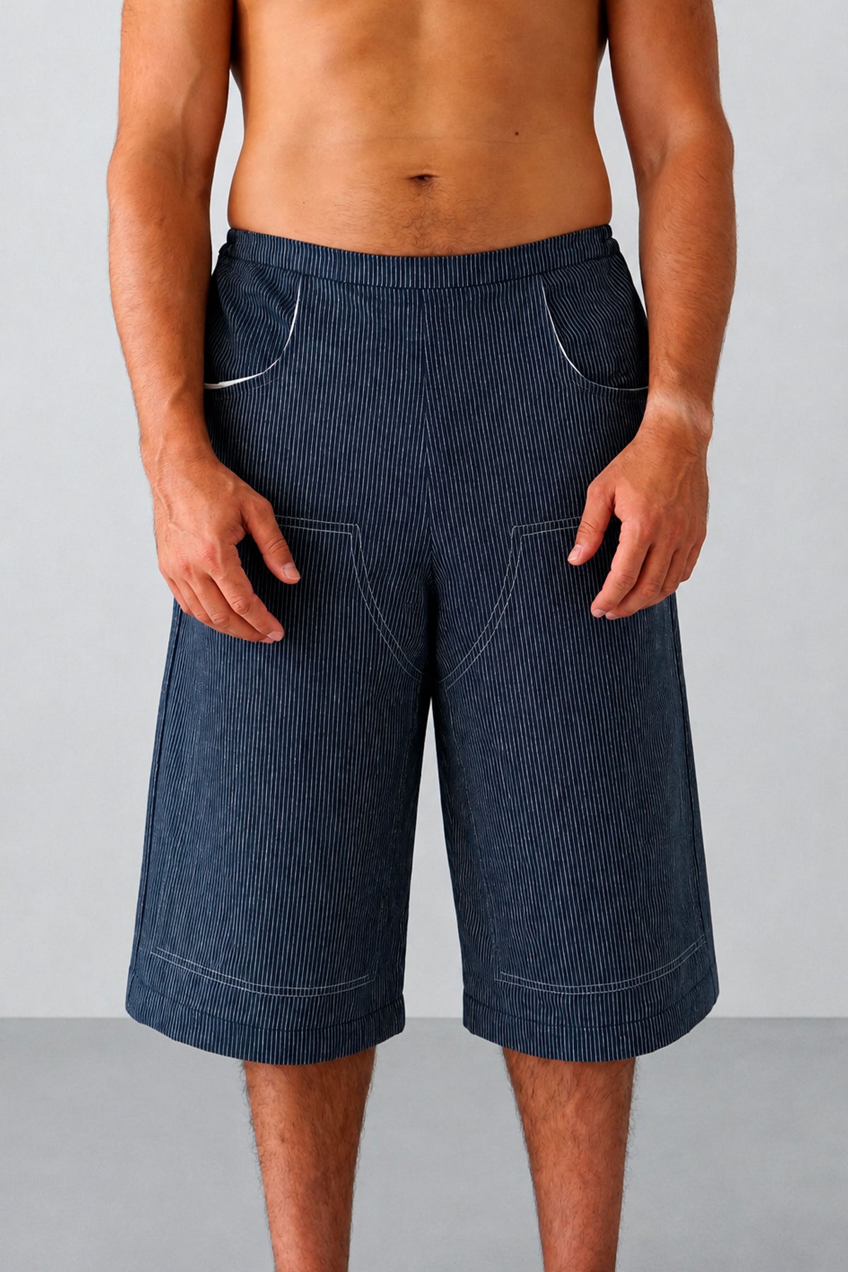 Lois trousers in navy stripes, front view