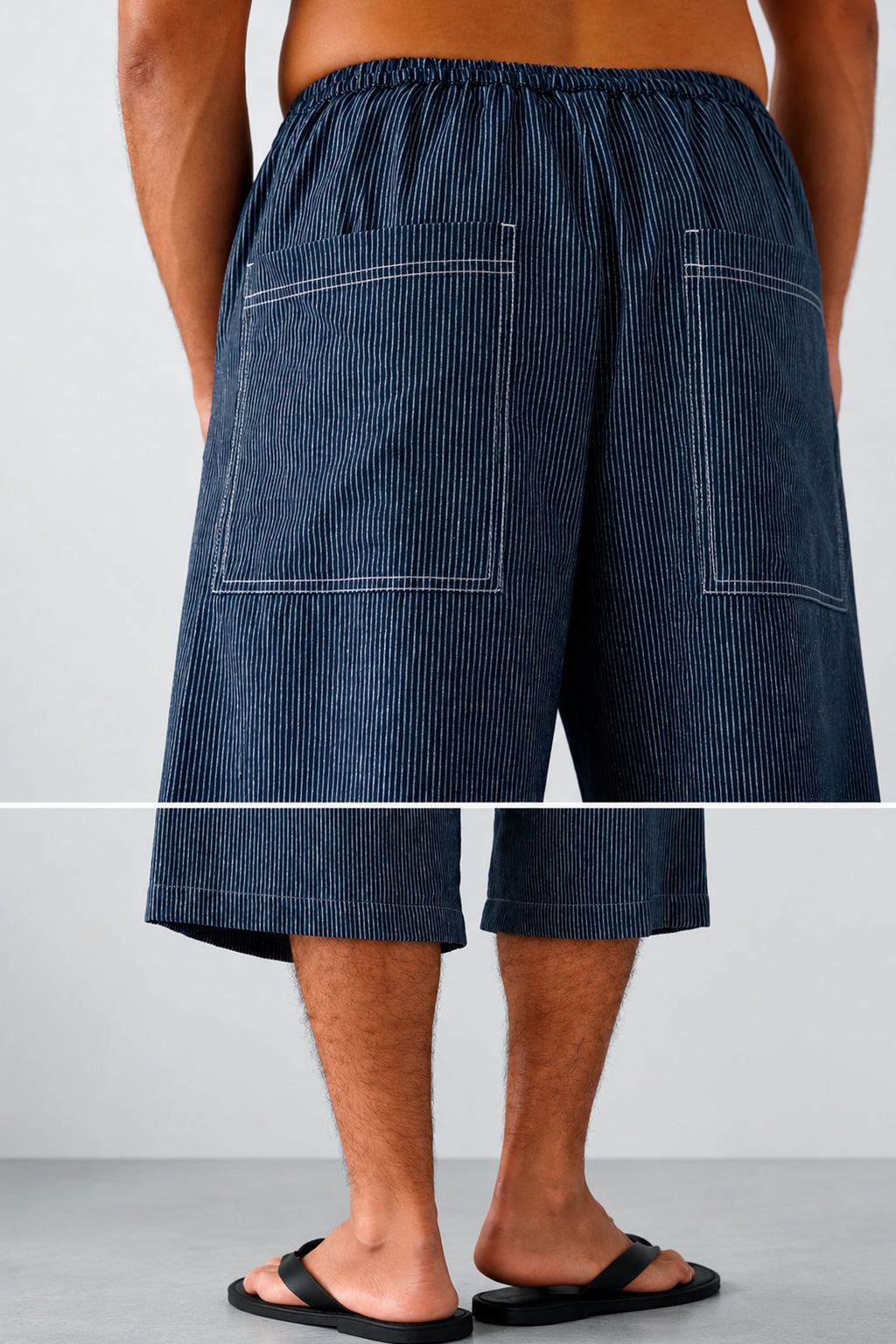 Lois trousers in navy stripes, back view with patch pockets