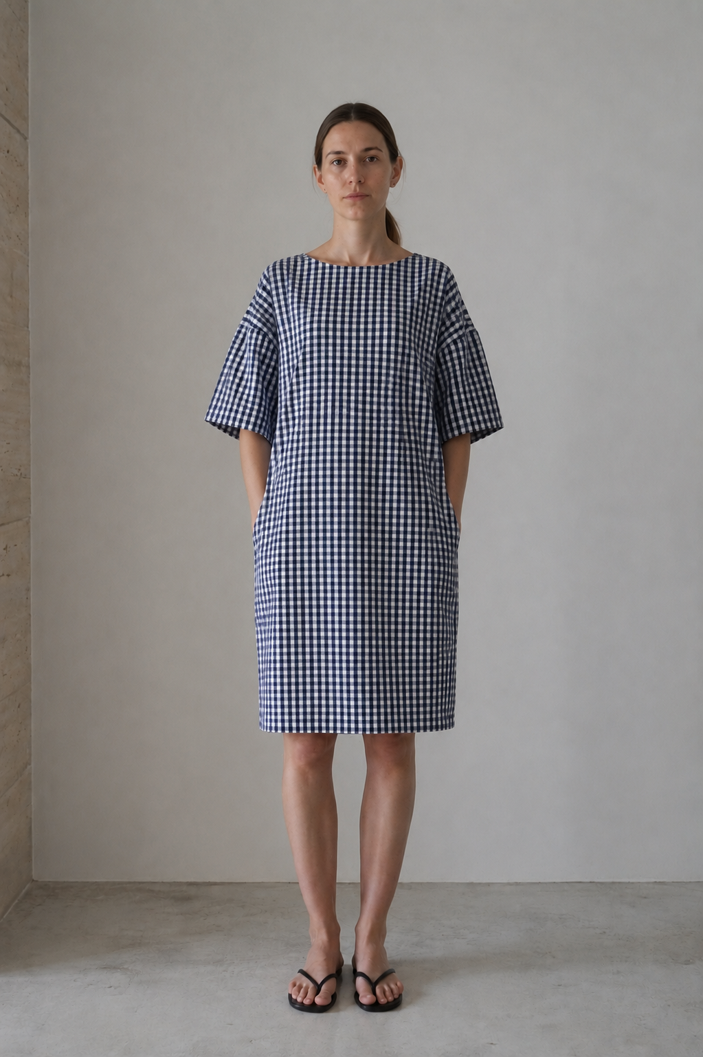 Amance dress in blue gingham, full-length front view